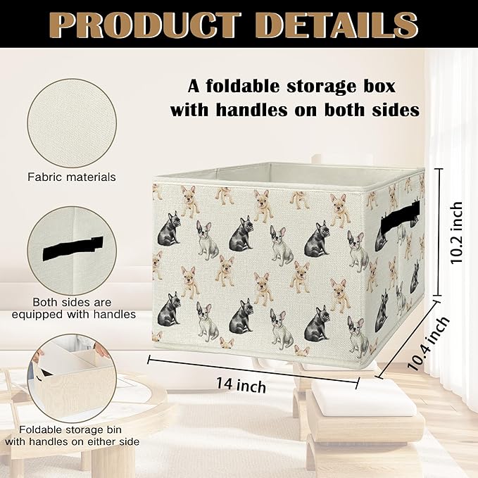 French Bulldog Dog Storage Bins & Boxes with Handles, Frenchie Dog Foldable Basket for Organizing, French Bulldog Gifts Collapsible Storage Basket for Bedroom Room Bathroom Clothes Toys Books