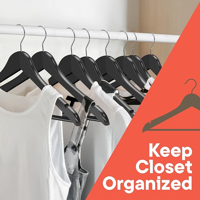 Black Wooden Hangers 50 Pack – Heavy-Duty with 360° Swivel Hook, Non-Slip, Pants Bar & Shoulder Grooves - Wooden Hangers for Suits, Jackets, Dresses & Camisoles, Space-Saving and Smooth Finish