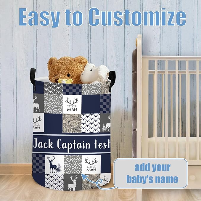 Personalized Name Laundry Basket for Kids Adults, Custom Woodland Deer Laundry Baskets for Toddler Boys Girls, Baby Laundry Hamper, Collapsible Clothes Storage Organizer