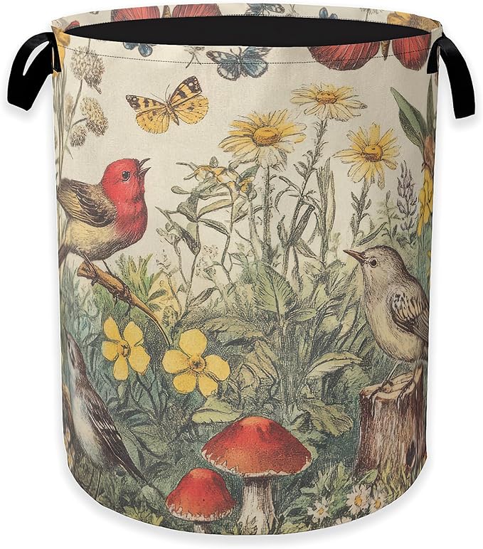 Collapsible Laundry Basket,Vintage Flower Bird Dirty Clothes Hamper,Rustic Butterfly Mushroom Hampers for Bedroom Waterproof Oxford Cloth Storage Organizer for Bathroom,Nursery,Dorm,16x20 Inch