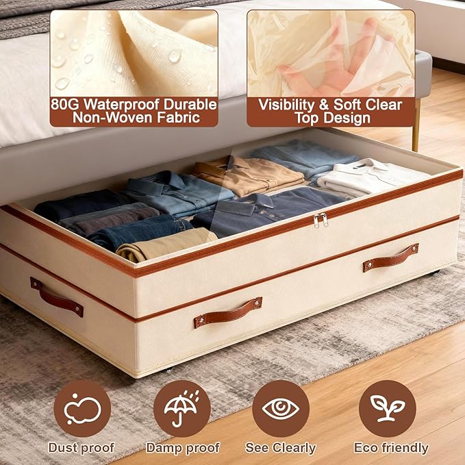 Dolicer 4 Pack Under Bed Storage with Wheels, 6in-10in Height Adjustable Underbed Storage Containers, 92L XXXL Under Bed Drawers Rolling Bin with Clear Lids for Dorm Shoes Clothes Organizers(Beige)