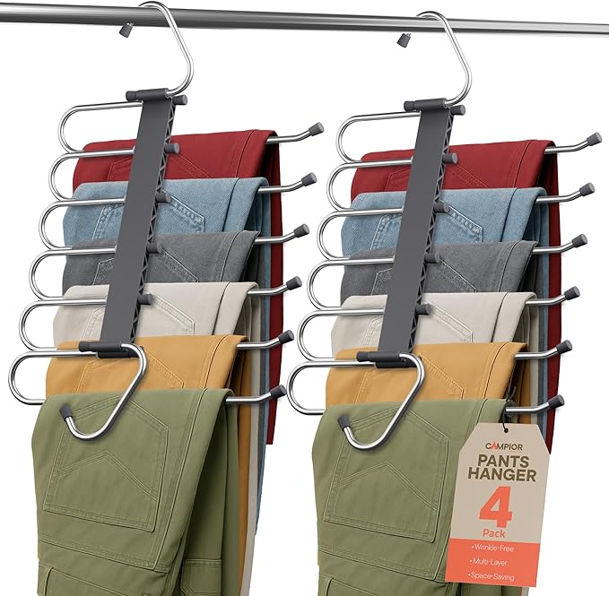 Space Saving Pants Hangers 4 Pack, 6 Layer Jeans Hangers and Closet Organizer for Jeans, Scarves, & Skirts, Multi-Layer Hanger with Anti-Slip Stopper, Heavy-Duty S-Type Stainless Steel, Gray