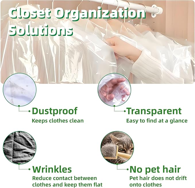 12 Pack Clear Plastic Garment Bags for Hanging Clothes, Dry Cleaning Bags 60x150 cm, Dust-Proof Clothing Protector Covers for Home Storage Travel Dry Cleaner