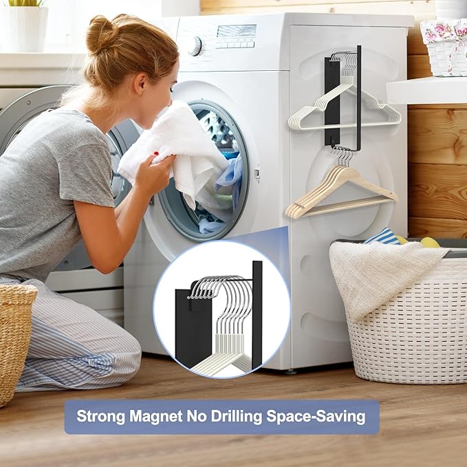 Magnetic Hanger Holder for Laundry Room, Space-Saving Hanger Organizer for Washing Machine Dryer, Holding up to 40 Velvet Wire Plastic Hangers (1, Black)