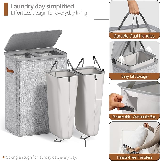 Sorbus Laundry Hamper with Lid - Collapsible 2-Compartment Fabric Laundry Basket with Handles and Removable Laundry Bag – 45 Gallon (170 L) Dirty Clothes Hamper for Bedroom, bathroom and dorm (Gray)