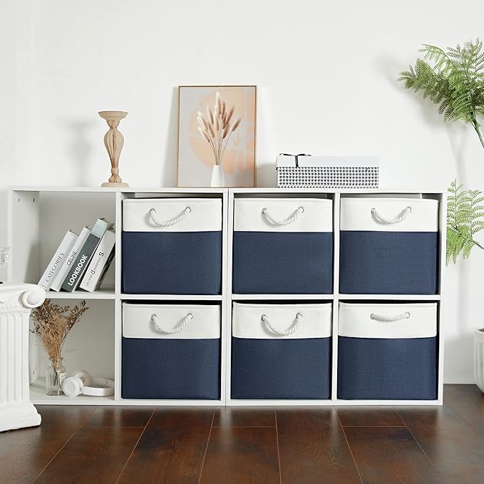 Cube Storage Bins, Collapsible Fabric Storage Cubes Bins, 11 Inch Cube Storage Bins with Handles, Foldable Storage Cubes (White/Navy, 6Pack)