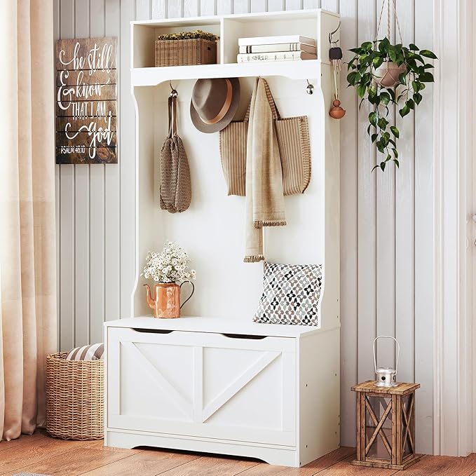 HOOBRO Hall Tree with Bench and Shoe Storage, Entryway Bench with Coat Rack and Shoe Cabinet, Flip-Down Cabinet Door, Coat Rack with Shoe Rack, for Mud Room, White WT84MT01