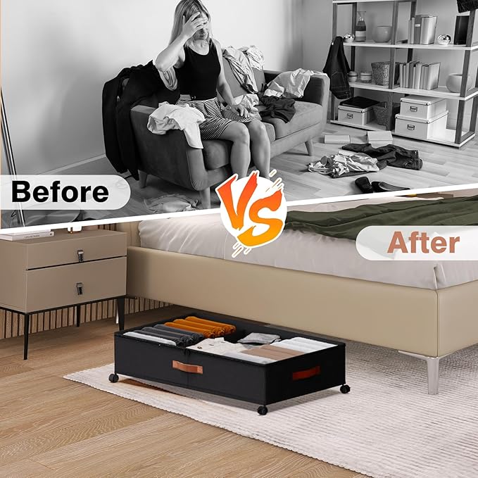 Under Bed Storage with Wheels - Rolling Underbed Containers with PVC Clear Lid & Dividers, 600D Oxford Fabric, PU Leather Handles, Adjustable Magic Tape Partition, XXL 66L (1, Black)