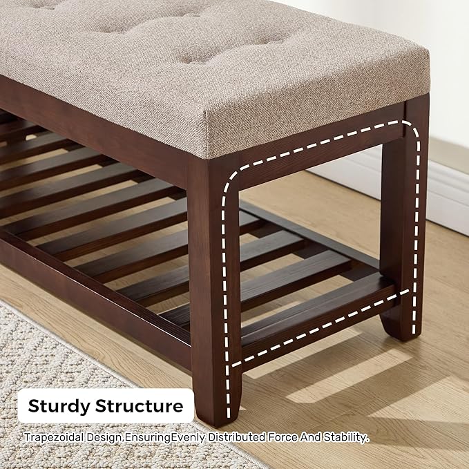 Shoe Bench Entryway, 44" End of Bed Bench,Upholstered Linen Bench for Living Room,Fabric Ottoman Bench with Solid Wood Shelf for Bedroom, Entrance Lightbrown