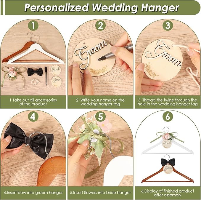 Bride & Groom Hanger with Personalized Name Tags, 2 Pack Dark Wood & White Wood Bridal Dress Hanger for Wedding Day Photos & Gift (Pink & White)