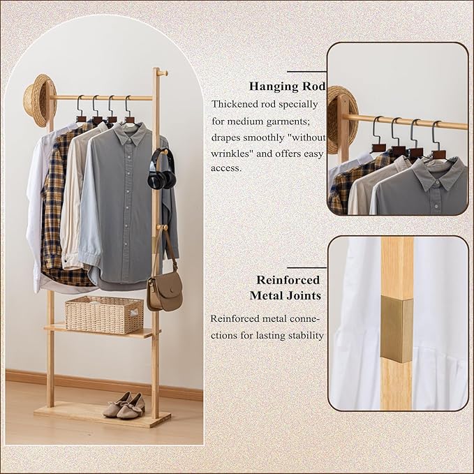 Clothes Rack Solid Wood Coat Rack with Shelves and Hooks – Garment Clothing Rack Coat Rack with Storage for Hallway, Bedroom, Living Room, 23.6 inch, Nature