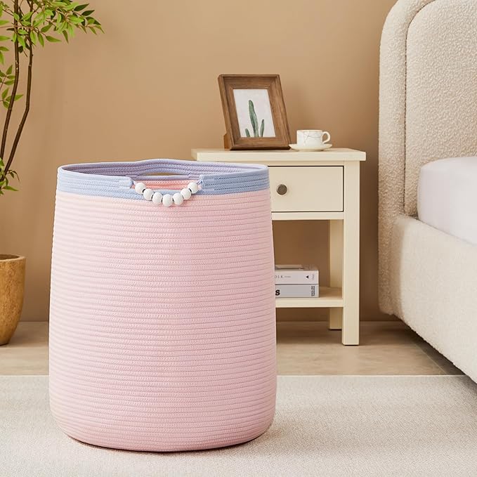 90L Large Pink Woven Rope Laundry Hamper Basket for Clohtes Boho Tall Rope Baskets for Blanket Baby Nursery Hamper for Girls Kids 17"Wide 22"Tall