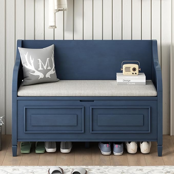 42" Rustic Storage Bench Entryway Bench Shoe Cabinet Ottoman with Safety Hinge, Removable Seat Cushion & Hidden Storage Space for Hallway Entryway Living Room Mudroom End of Bed (Antique Navy)