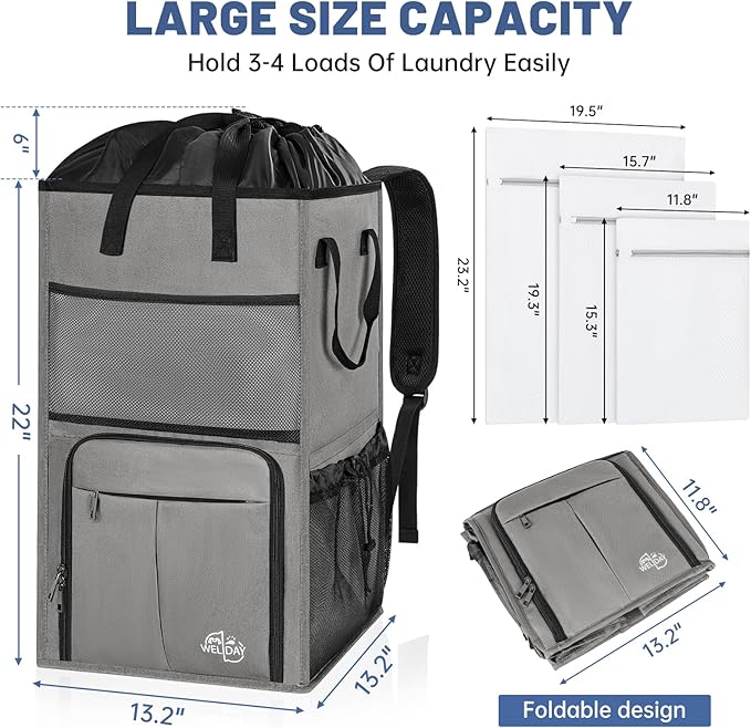 95L Laundry Backpack Bag with 3 Sizes Mesh Wash Bags Empty, Extra Large 2 in 1 Laundry Hamper Basket with Shoulder Straps, Freestanding Laundry Bag for College Dorm, Laundromat, Apartment (Grey)