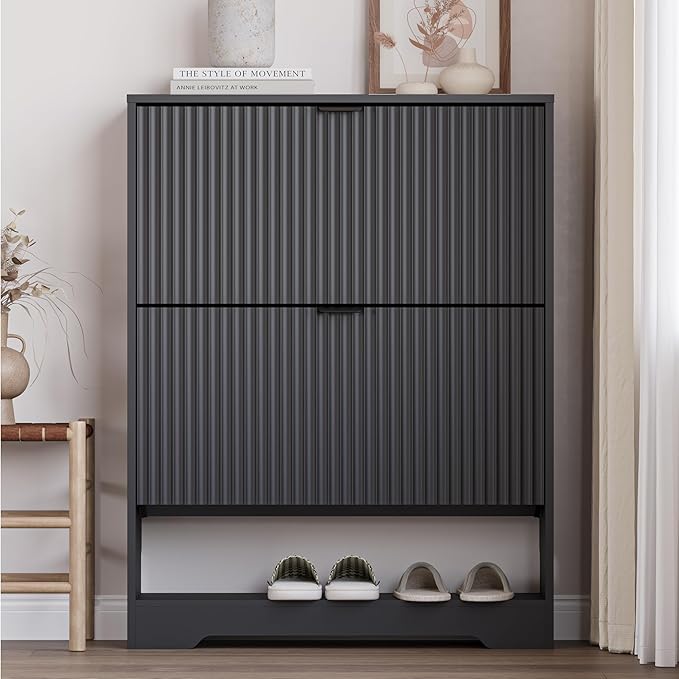 Shoe Cabinet with 2 Flip Drawers, Fluted Shoe Storage Cabinet with Adjustable Shelves, Freestanding Rack and Organizer for Entryway, Closet, Hallway
