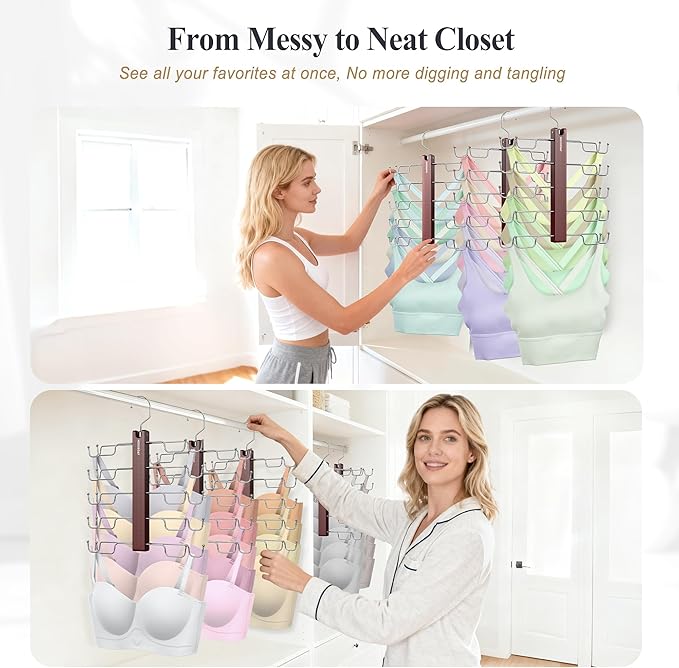 HOUSE DAY Tank Top Hanger, Dual-Row 5 Tier Space Saving Bra Hanger, Premium Lotus Wood Non-Slip Hangers with 360° Swivel Hooks, Closet Organizer for Sports Bras & Tank Tops, Cami (Mahogany 1 Pack)