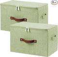 2 Pack Storage Bins with Zipper Lid Cotton Linen Fabric Lidded Storage Baskets Boxes Foldable Washable Closet Shelf Clothes Organizer Container with PU Leather Handles (Green, Large Size)