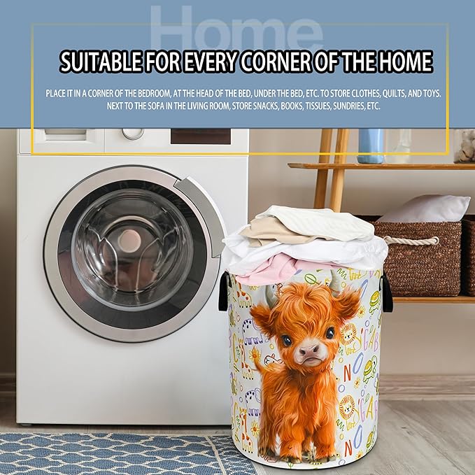 Cute Highland Cow Laundry Basket Calf Foldable Waterproof Oxford Cloth Funny Tote Bag Laundry Hamper Clothes Storage Bucket Toy Organizer For Bathroom/Laundry Storage/Bedroom 18.9x16.5 Inch