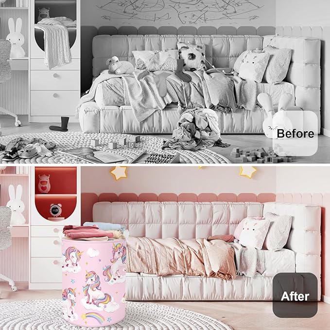 Unicorn Laundry Hamper Large Storage Basket Rainbow Clouds Collapsible Parents Organizer Kids Toy Clothes Bins for Bedroom, Bathroom, Stars, 63L