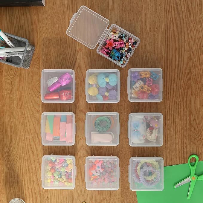 10-Pack Small Plastic Containers with Lids, Clear Stackable Storage Boxes & Bins Organizer for Bead Organizer, Craft Storage, Stickers, Jewelry & Small Items – Square Small