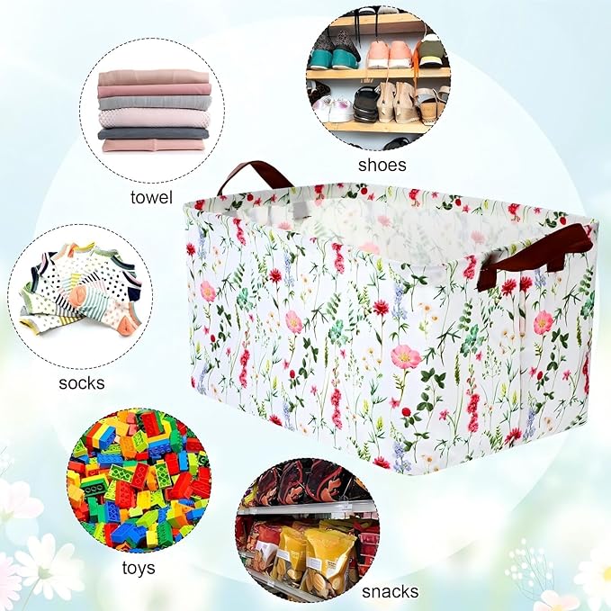 Vesici 6 Pack Large Spring Wildflowers Baskets for Gifts Empty Flower Storage Bins Foldable Floral Storage Basket Rectangular Canvas Boxes with Handle for Books Clothes