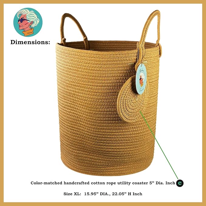 Modern Granny Extra Large Cotton Rope Laundry Hamper 16x22 Inch Dual Secure Woven Handle for Living Room Closet Clothes Blanket Organization