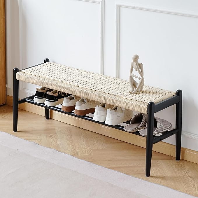 Solid Wood Entryway Bench with Shoe Storage, Rustic Oak Wood and Woven Design 45 Inch Long Seating for Living and Dining Rooms,Black