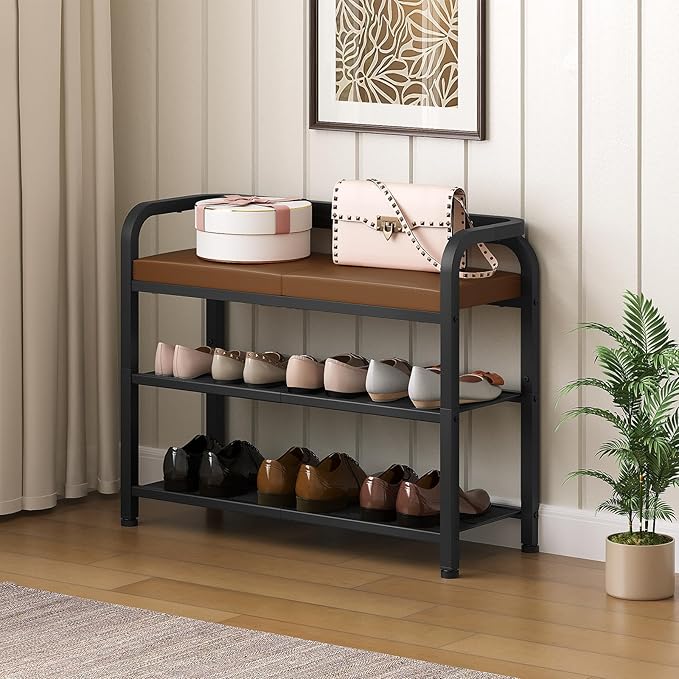 Shoe Bench with Backrest, Entryway Bench, 2-Tier Shoe Rack with PU Padded Seat, Upholstered Shoe Storage Bench with Back, for Hallway, Entryway, Foyer, Bedroom, Brown and Black HX04BV
