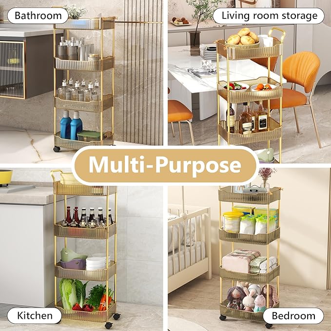 4-Tier Acrylic Rolling Storage Cart, Rolling Utility Cart, Kitchen Storage Cart with Wheels for Bathroom,Living Room, Kithcen, Office Storage and Organization (14''X10''X37'')(Amber)