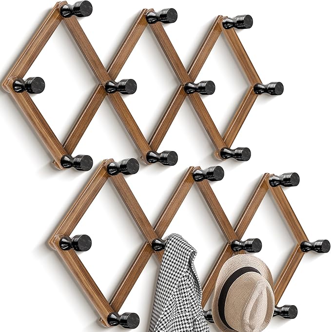 WGFKVAS 2 Pack Accordion Wall Hanger, Expandable Wooden Coat Rack Wall Mounted, Hat Rack Hat Hanger for Caps, Coats, Mugs