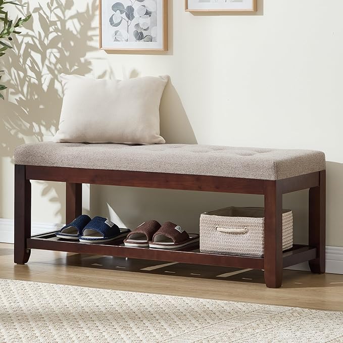 Shoe Bench Entryway, 44" End of Bed Bench,Upholstered Linen Bench for Living Room,Fabric Ottoman Bench with Solid Wood Shelf for Bedroom, Entrance Lightbrown