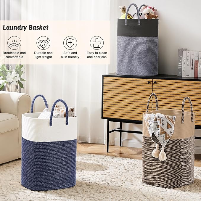 Laundry Basket,Woven Cotton Rope Laundry Hamper,Versatile Storage for Dirty Clothes,Baby Toys,and Blankets in Bathroom, Nursery,and Living Room (Black, 80L)