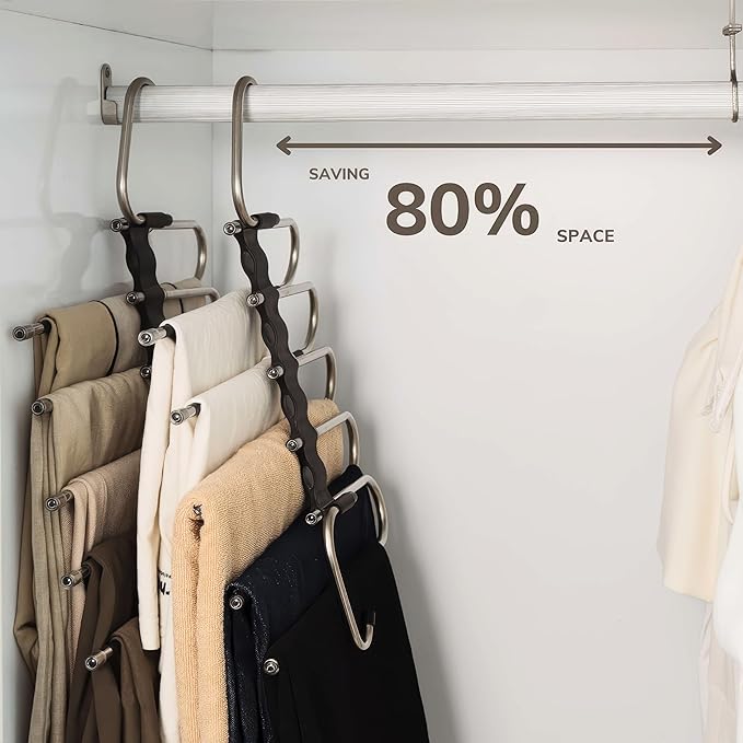 2 Pack Pants Hangers Space Saving- Multi Pants Hanger Save 80% Space - 5 in 1 Pant Rack Hanger for Clothes Organizer, Multifunctional Pants Rack with 10 Stainless Steel Anti-Slip.