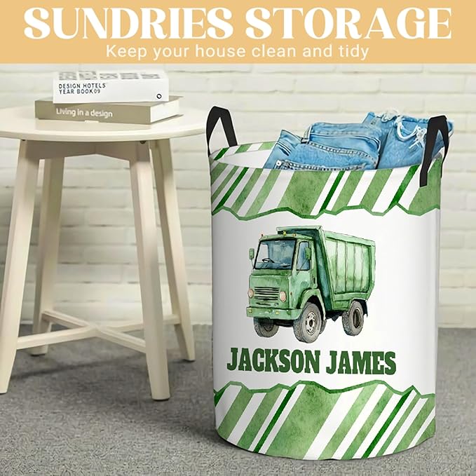 Personalized Garbage Truck Laundry Basket, Custom Laundry Hamper With Name Gifts For Kids Baby Adults, Collapsible Dirty Clothes Storage Organizer With Handles M 19.6 X 15.7in