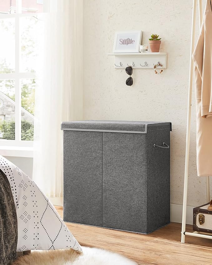 SONGMICS Laundry Basket, Laundry Hamper with 2 Compartments, 37.5 Gal. Foldable Laundry Sorter with Magnetic Lid and Handles, Removable Liner Bag, Dark Gray ULCB002G02