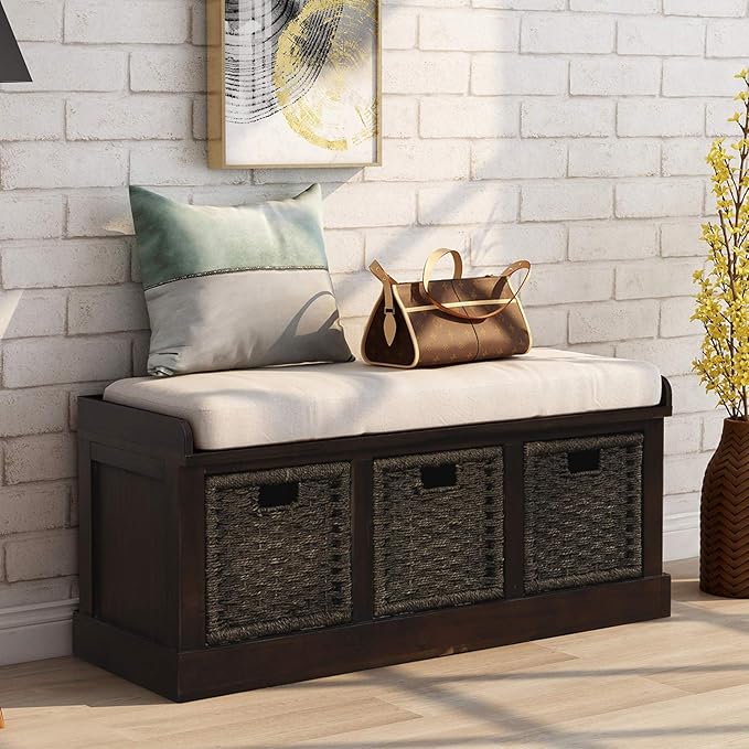 Merax Rustic Entryway Bench with Seat Cushion and 3 Rattan Basket Wood Storage Bench for Living Room Bedrooom Multipurpose Espresso