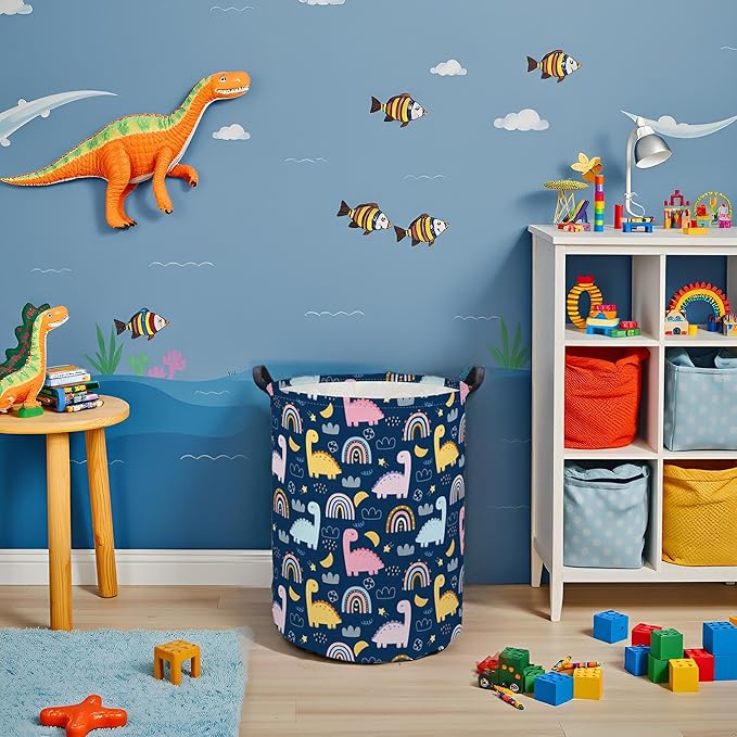 Dinosaur Kids Laundry Basket Baby Hamper Rainbow Toy Storage Bin for Boys Room Decor Baby Nursery Hamper Gift Baskets for Bedroom Bathroom(Rainbow Dinosaur)