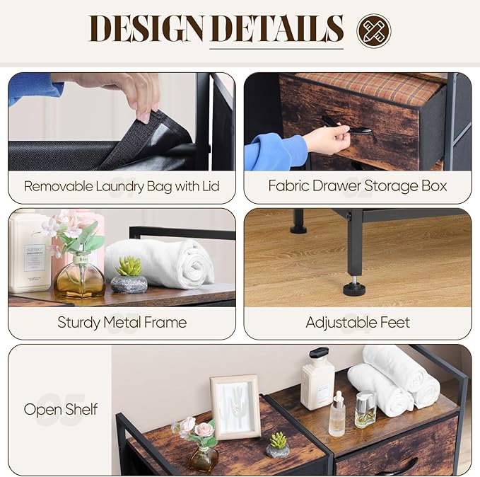 Laundry Hamper, Laundry Basket, Laundry Sorter with 3 Cloth Drawer and 1 Large Removable Dirty Clothes Bag, Shelf, Metal Frame, Wooden Tabletop, 30.8 x 11.3 x 29.1 Inches, Rustic Brown and Black