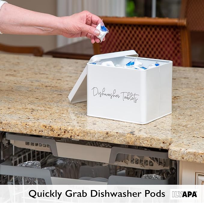 Ilyapa Dishwasher Pod Tablet Holder - Galvanized White Powder Coated Farmhouse Kitchen Storage Container, Farmhouse Durable Detergent Containers