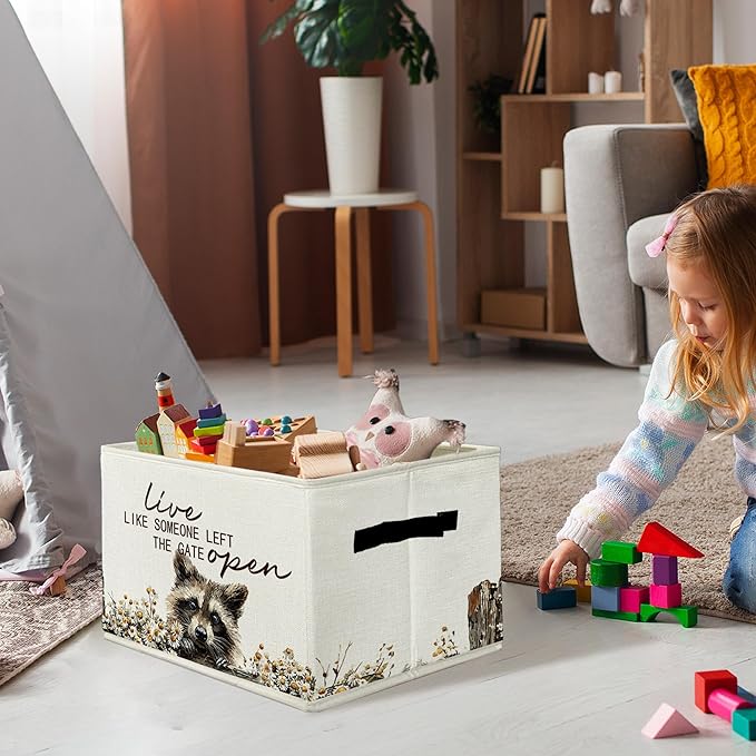 Rustic Raccoon Storage Bins & Boxes with Handles, Farmhouse Raccoon Foldable Basket for Organizing, Live Like Someone Left the Gate Open Collapsible Storage Basket for Bedroom Bathroom Clothes