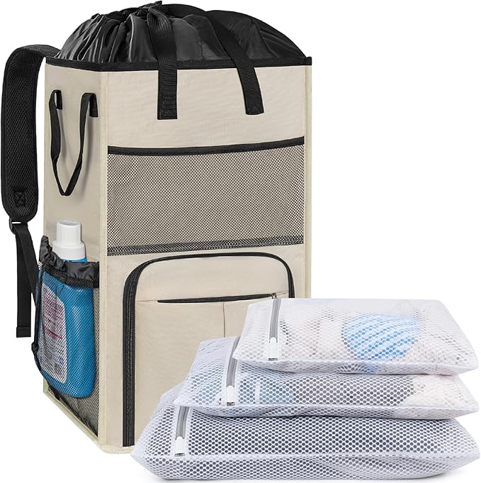 95L Laundry Backpack Bag with 3 Sizes Mesh Wash Bags Empty, Extra Large 2 in 1 Laundry Hamper Basket with Shoulder Straps, Freestanding Laundry Bag for College Dorm, Laundromat, Apartment (Beige)