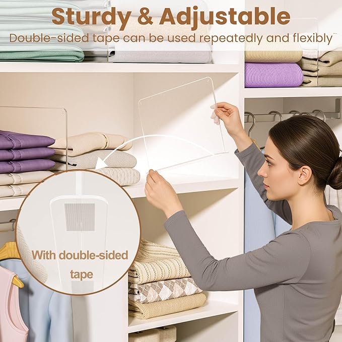 Purse Organizer for Closet Shelf Dividers: 4 Pack Acrylic Clear T-shaped Vertical Shelves Separators - Durable Space Saver Easy to Install - Bag Storage Organizer for Handbags, Clothes, Sweater, Towel