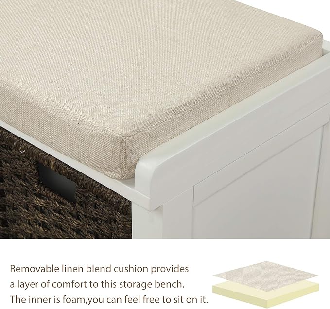 Merax Rustic Shoe Storage Bench with 3 Removable Rattan Basket Entryway Bench with Seat Cushion Multipurpose White