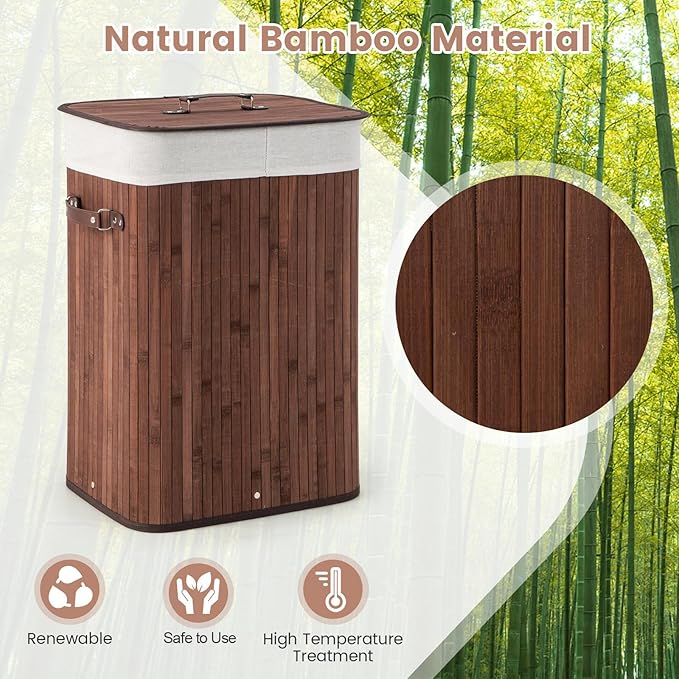 Giantex Bamboo Laundry Hamper with Lid, 72L Large & Tall Clothes Hamper with Removable Liner & Handles, Rectangular Laundry Basket for Small Spaces, Laundry Room, Bedroom (Brown)