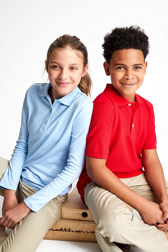 French Toast Girls' Picot Collar Polo Shirt with Long Sleeves (Kids Standard & Plus Size)