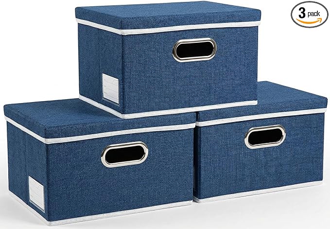 PRANDOM Storage Bins with Lids [3-Pack] Linen Fabric Foldable Storage Boxes Organizer Containers Baskets Cube with Cover for Bedroom Closet Office Royal Blue（11.4X8.6X6.7