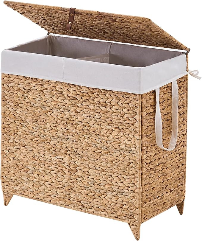 Handwoven Laundry Hamper with Lid, Natural Hyacinth Heightened Feet Laundry Basket, Wicker Clothes Hamper with Removable Liner Bag (Natural-A, 120L)
