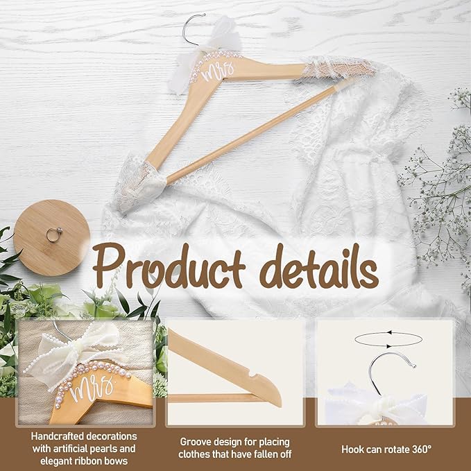 Wooden Mrs. Bride Hanger for Wedding Dress, Elegant Bridal Hanger with Ribbon Bow Tie & Pearls for Gift Shower Party Suit Gowns Keepsake 38 cm (Beige)