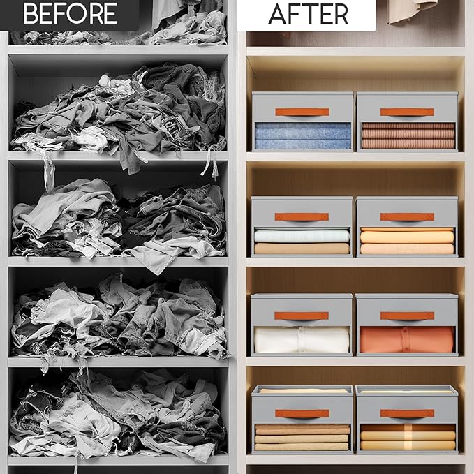 Drawer Organizers and Storage - 6 Pack Foldable Pants Organizer with Clear Window & Handles, Fabric Closet Organizer for Clothes, Jeans, Sweaters, Towels, T-shirt, Scarf (Grey)