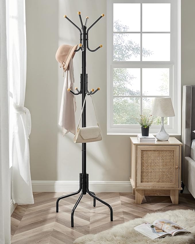 SONGMICS Coat Rack Freestanding, Metal Coat Rack Stand with 12 Hooks and 4 Legs, Holds Clothes, Hats, and Bags, for Entryway, Living Room, Bedroom, Black URCR031B01